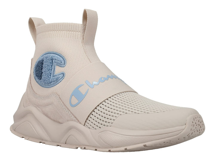 Tenis Champion color beige con detalles en azul cielo, diseño slip-on y suela gruesa.