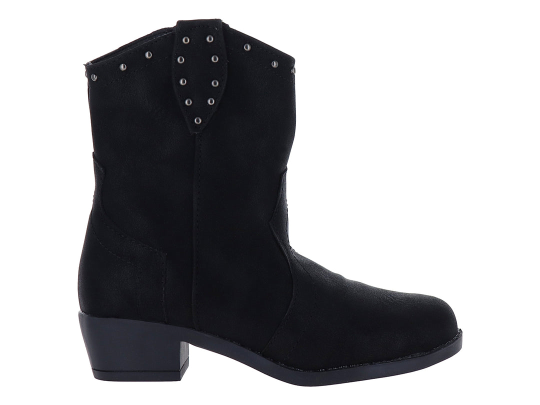 Bota vaquera color negro con detalles de estoperoles plateados y tacón bajo para niña.