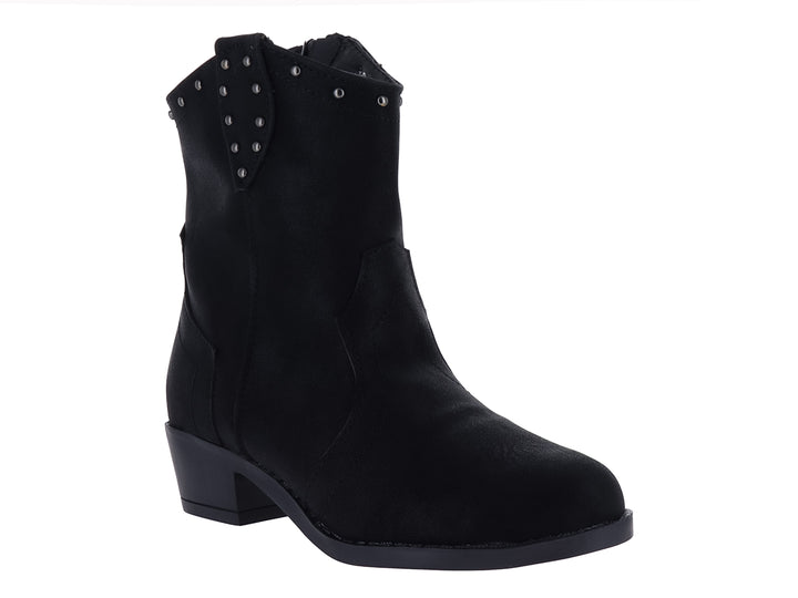 Bota vaquera color negro con detalles de estoperoles plateados y tacón bajo para niña.
