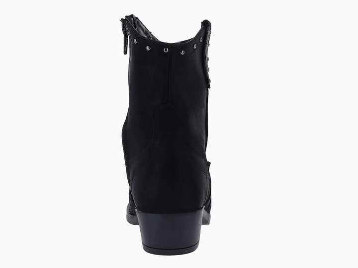 Bota vaquera color negro con detalles de estoperoles plateados y tacón bajo para niña.