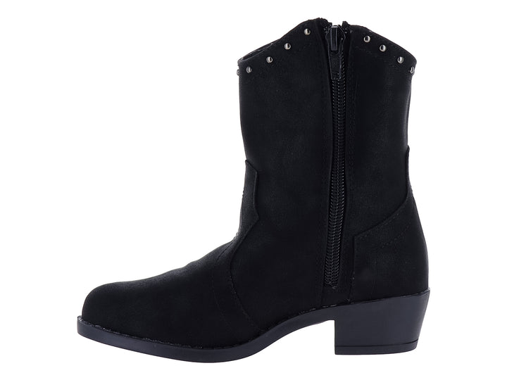 Bota vaquera color negro con detalles de estoperoles plateados y tacón bajo para niña.