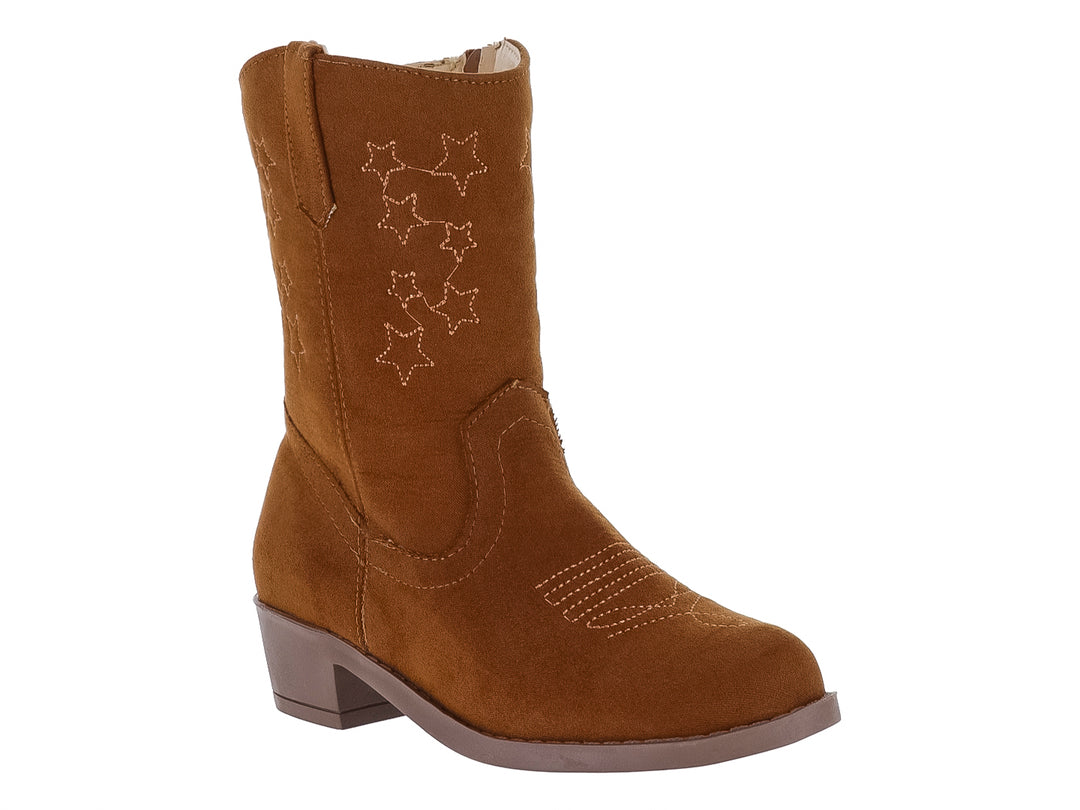 Bota vaquera color melle con detalles de estrellas bordadas en el costado y tacón bajo.