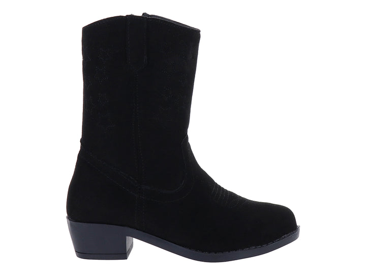 Bota vaquera para niña en color negro con acabado mate y tacón bajo.