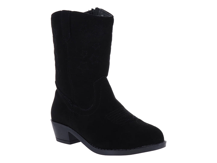 Bota vaquera para niña en color negro con acabado mate y tacón bajo.
