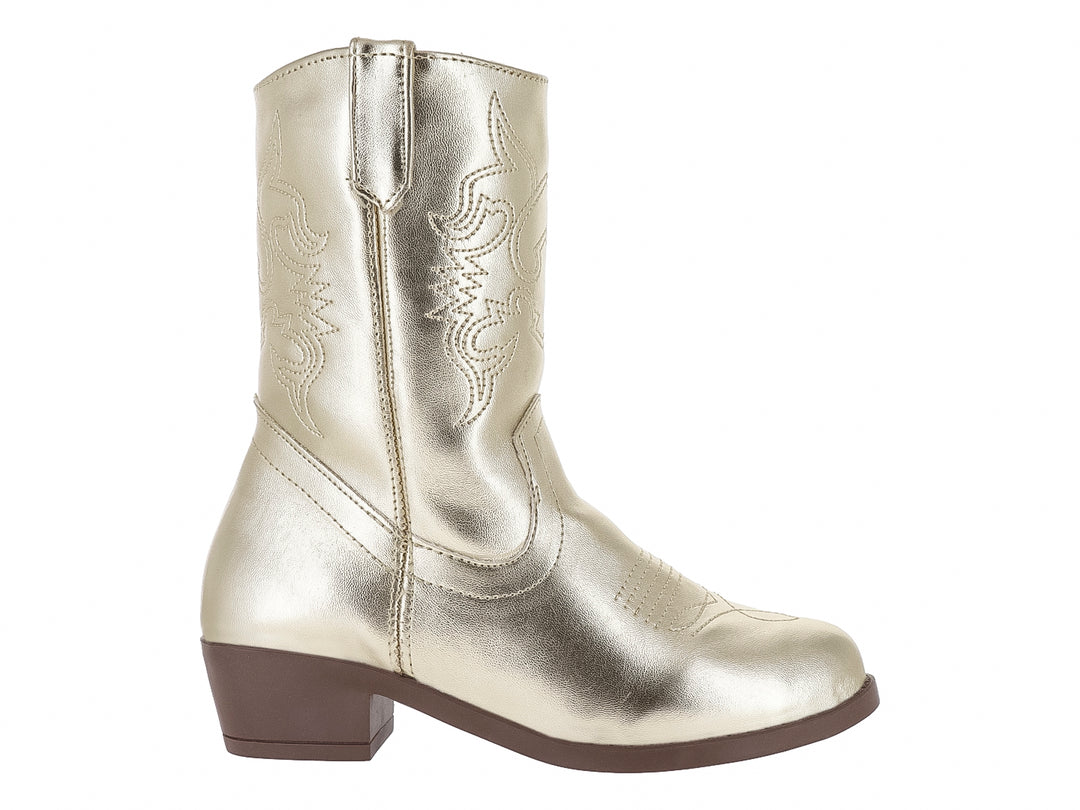 Bota vaquera para niña en color oro metálico con detalles bordados y suela marrón.