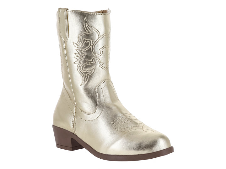 Bota vaquera para niña en color oro metálico con detalles bordados y suela marrón.