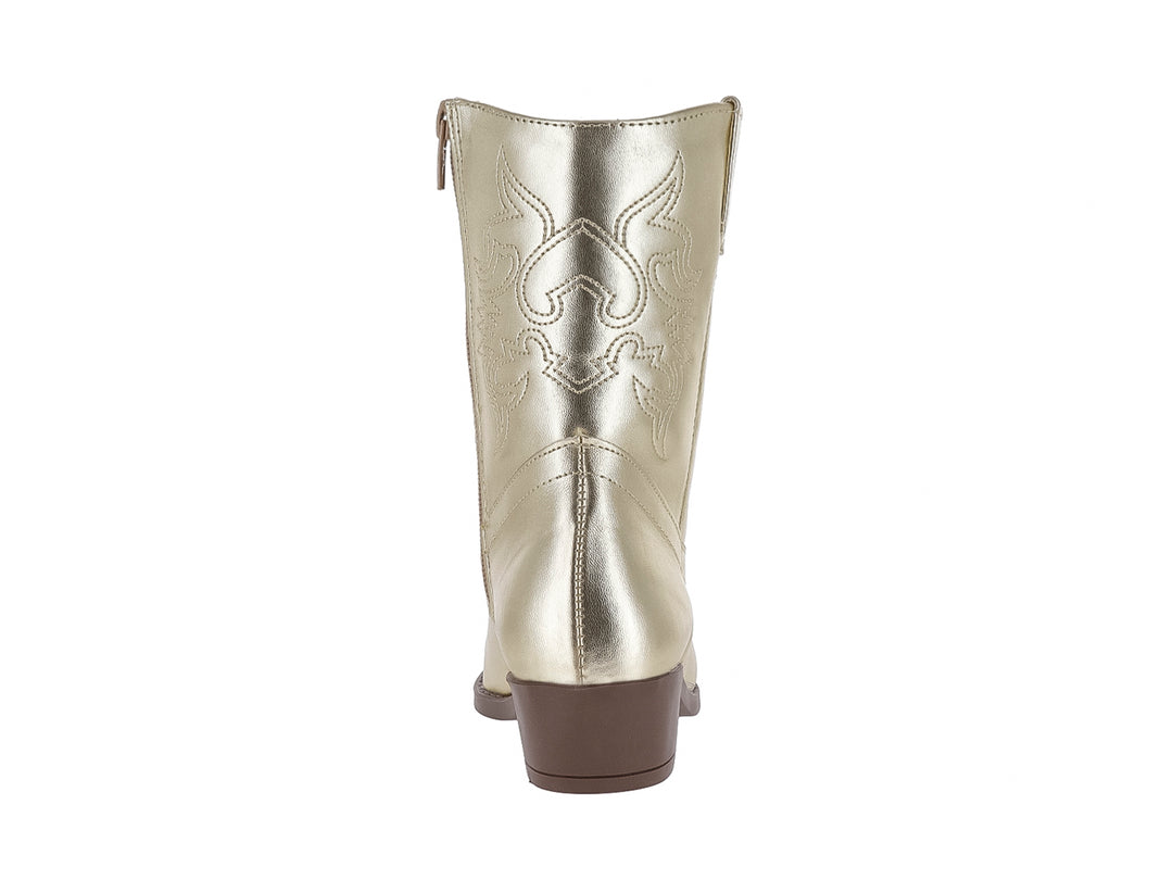 Bota vaquera para niña en color oro metálico con detalles bordados y suela marrón.