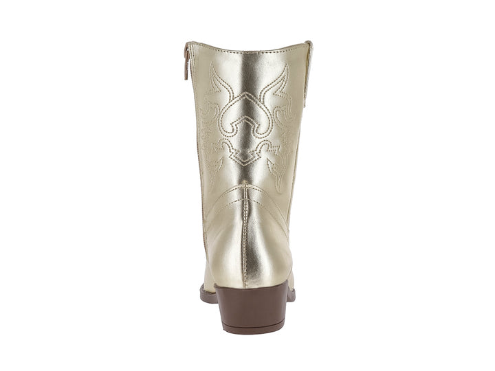 Bota vaquera para niña en color oro metálico con detalles bordados y suela marrón.
