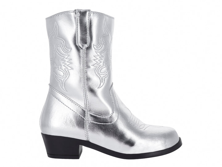 Bota vaquera para niña en color plata metálico con detalles bordados y suela negra.