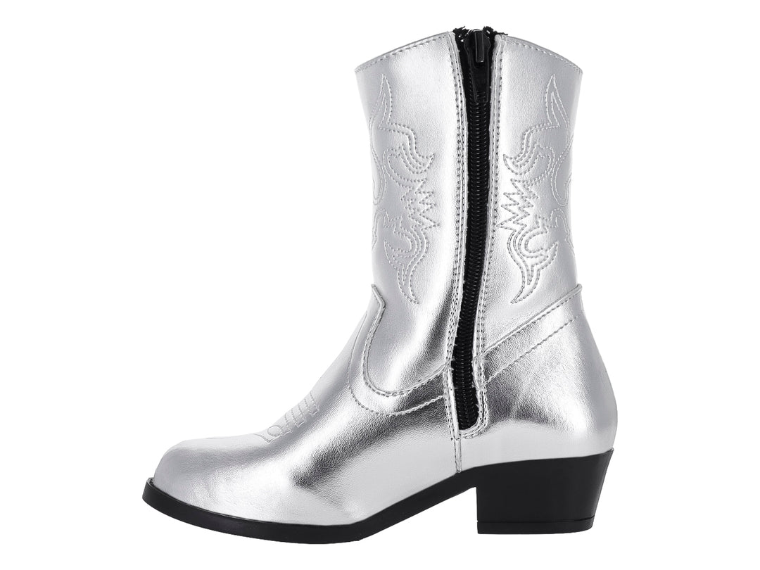 Bota vaquera para niña en color plata metálico con detalles bordados y suela negra.