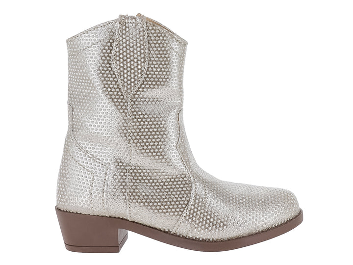Bota vaquera de color oro con acabado brillante texturizado y suela marrón.