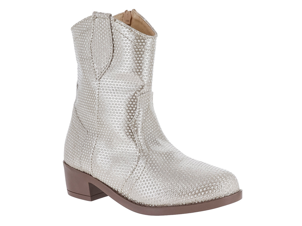 Bota vaquera de color oro con acabado brillante texturizado y suela marrón.