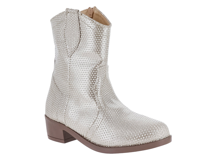 Bota vaquera de color oro con acabado brillante texturizado y suela marrón.