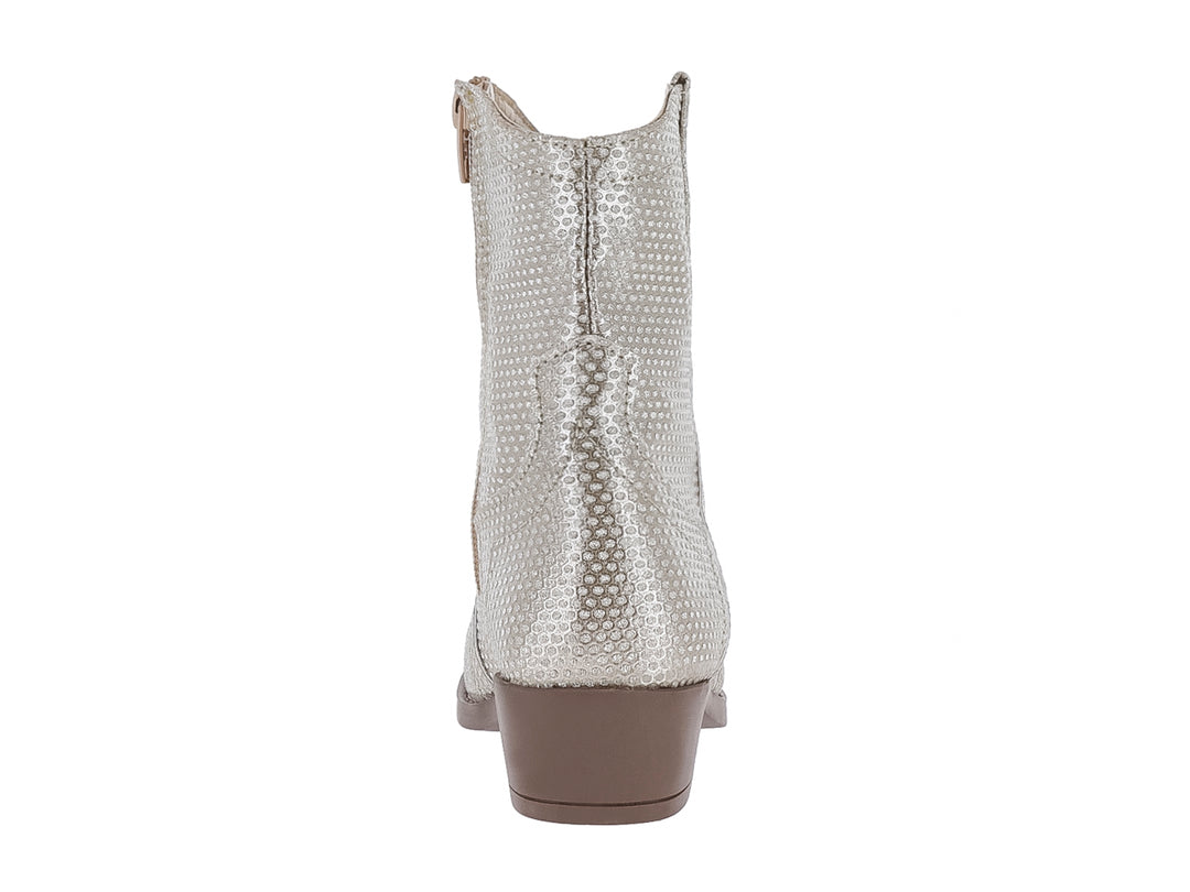 Bota vaquera de color oro con acabado brillante texturizado y suela marrón.