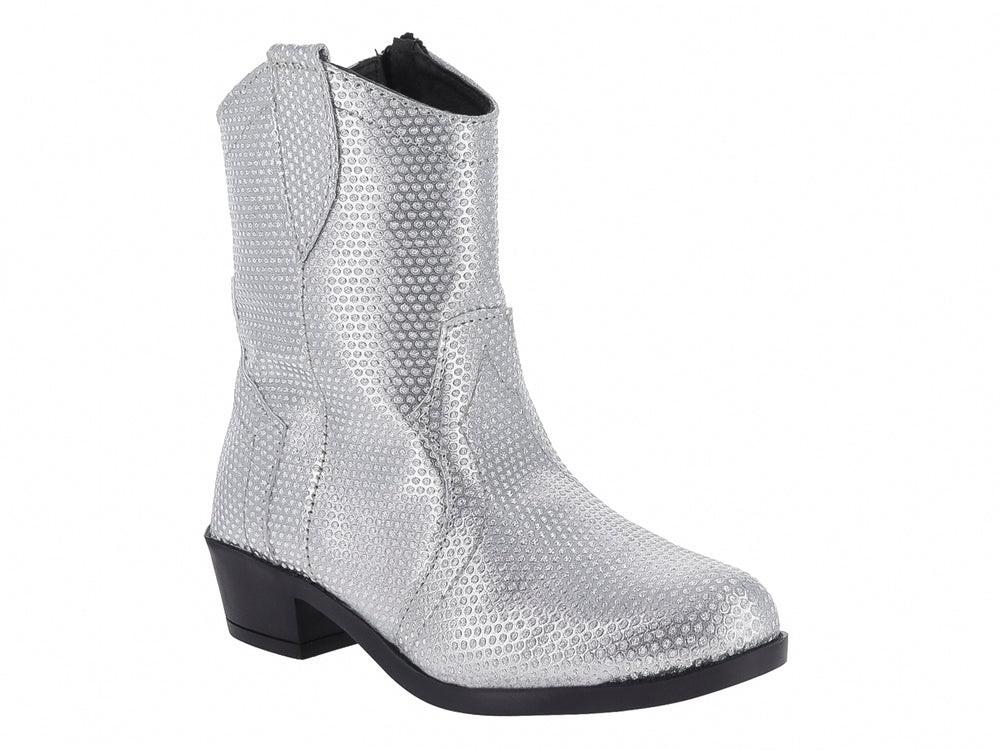 Bota vaquera color plata con textura brillante y suela negra.