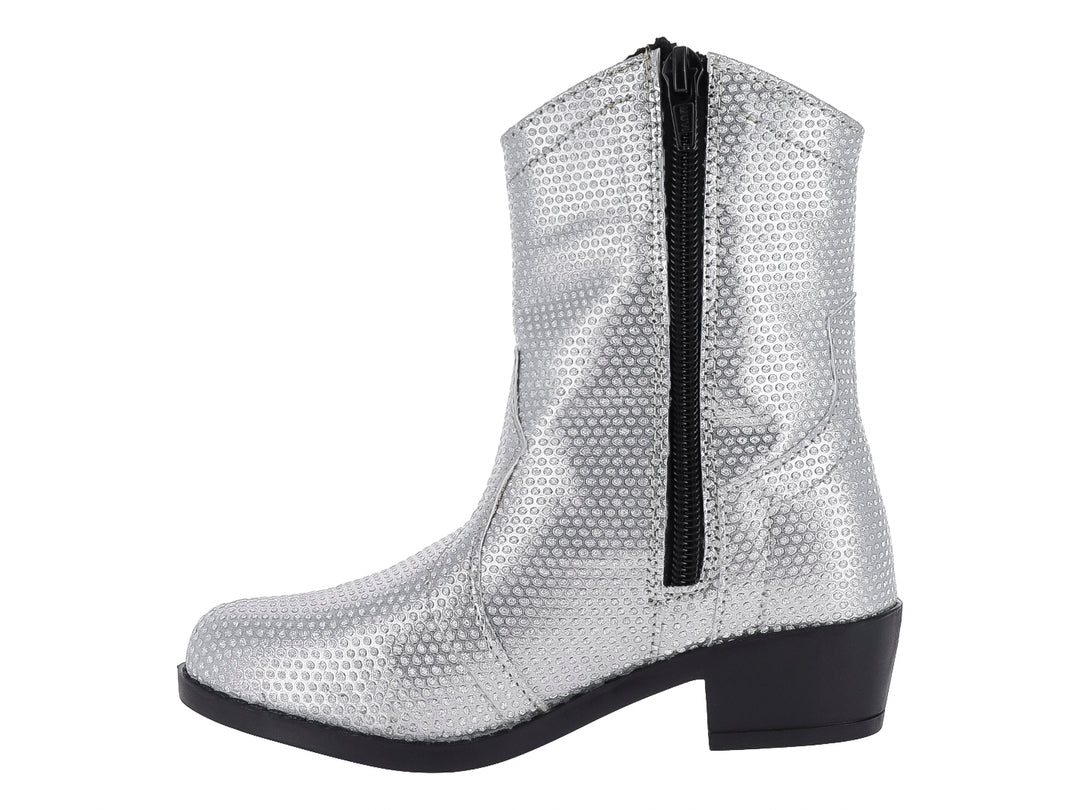 Bota vaquera color plata con textura brillante y suela negra.