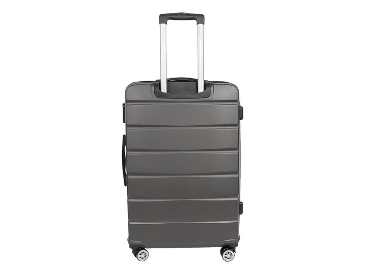 Maleta rígida de viaje color gris oscuro con ruedas y diseño de líneas horizontales.