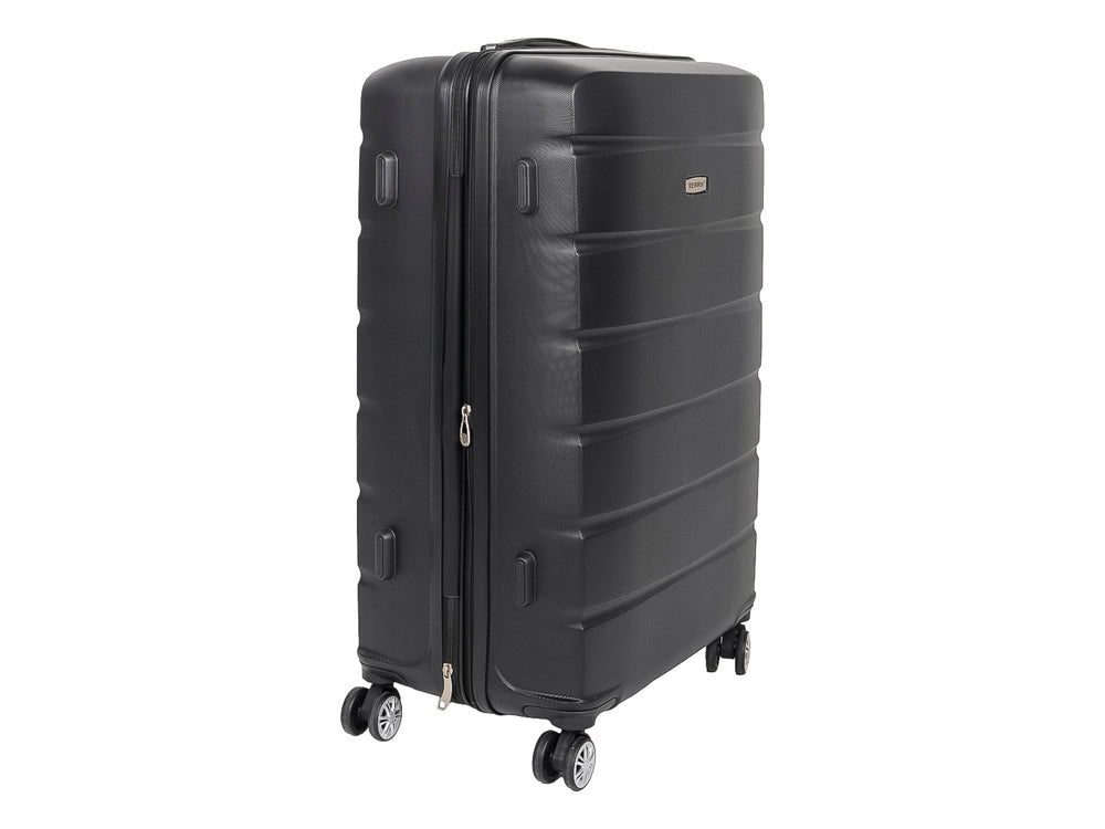 Maleta de viaje rígida color negro de 24 pulgadas con ruedas y diseño estriado horizontal.