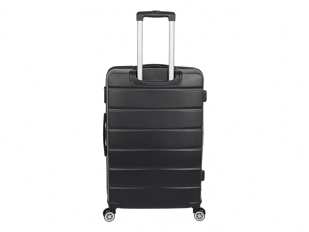 Maleta de viaje rígida color negro de 24 pulgadas con ruedas y diseño estriado horizontal.