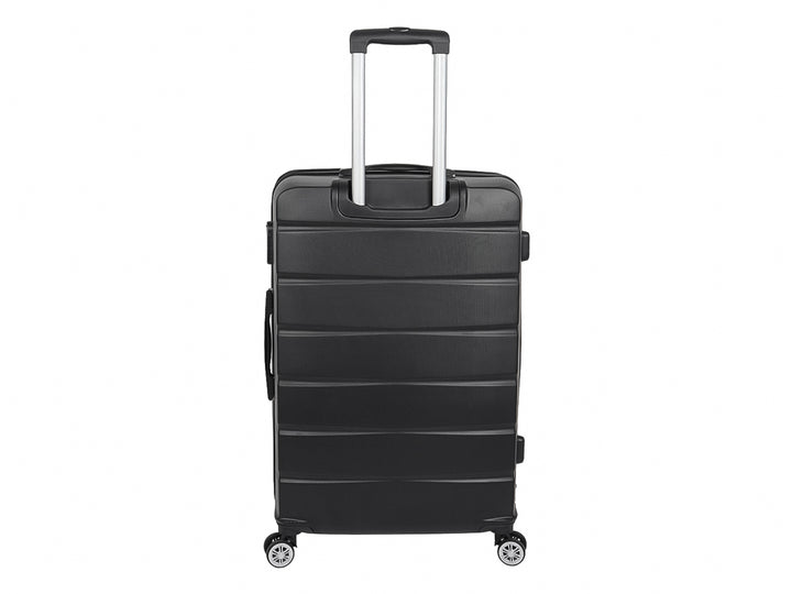 Maleta de viaje rígida color negro de 24 pulgadas con ruedas y diseño estriado horizontal.