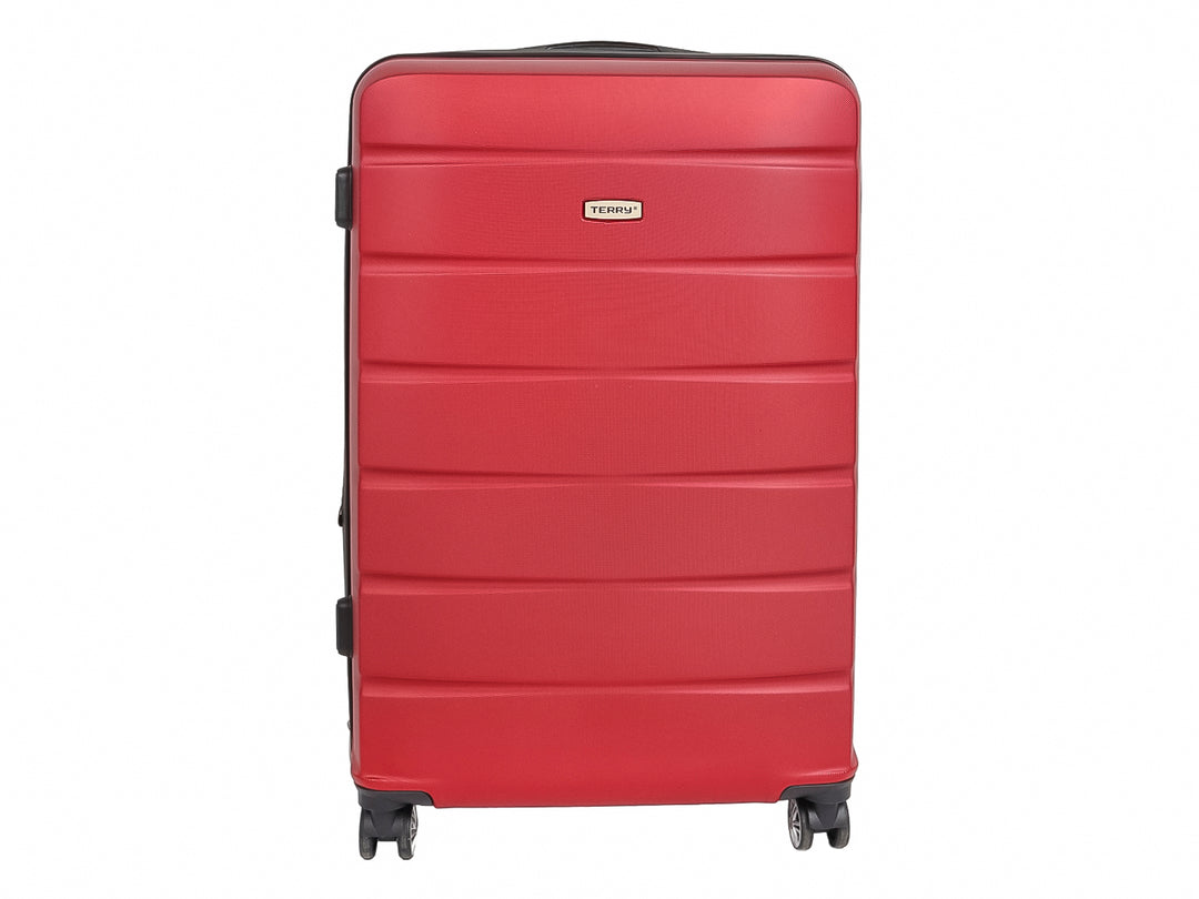 Maleta rígida de color tinto con detalles en negro y ruedas, marca Terry.