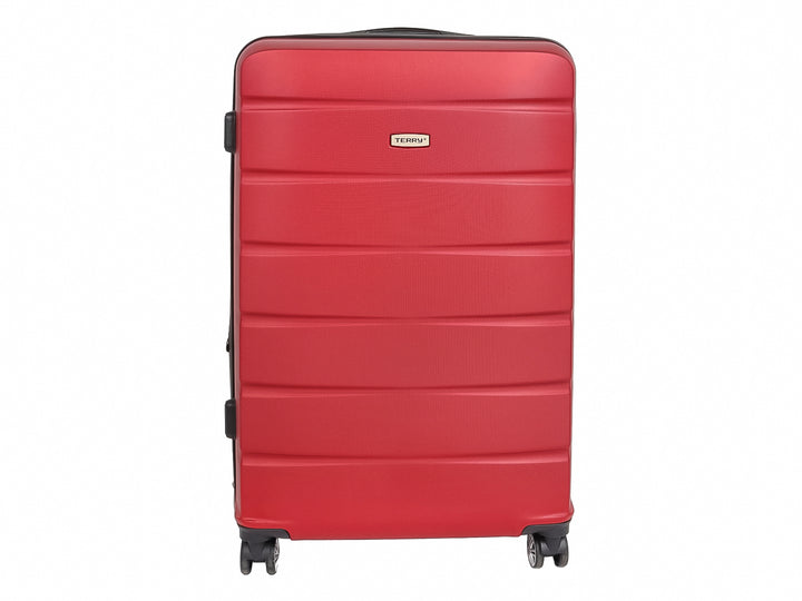 Maleta rígida de color tinto con detalles en negro y ruedas, marca Terry.