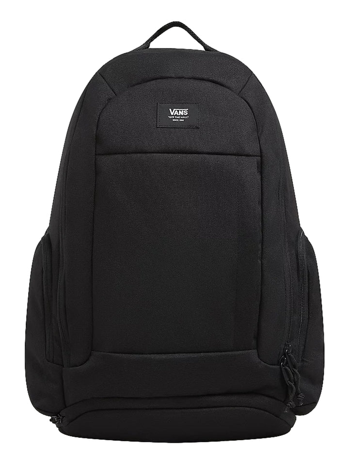 Mochila escolar Vans Resolute de color negro con diseño minimalista y logotipo frontal.