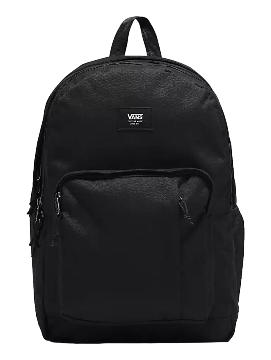 Mochila Vans Old Skool Trek de color negro con un bolsillo frontal y logotipo central blanco.
