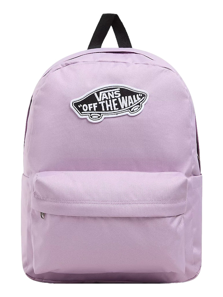 Mochila escolar VANS Old Skool Classic color Lavender Mist con bolsillo frontal y asa superior negra.