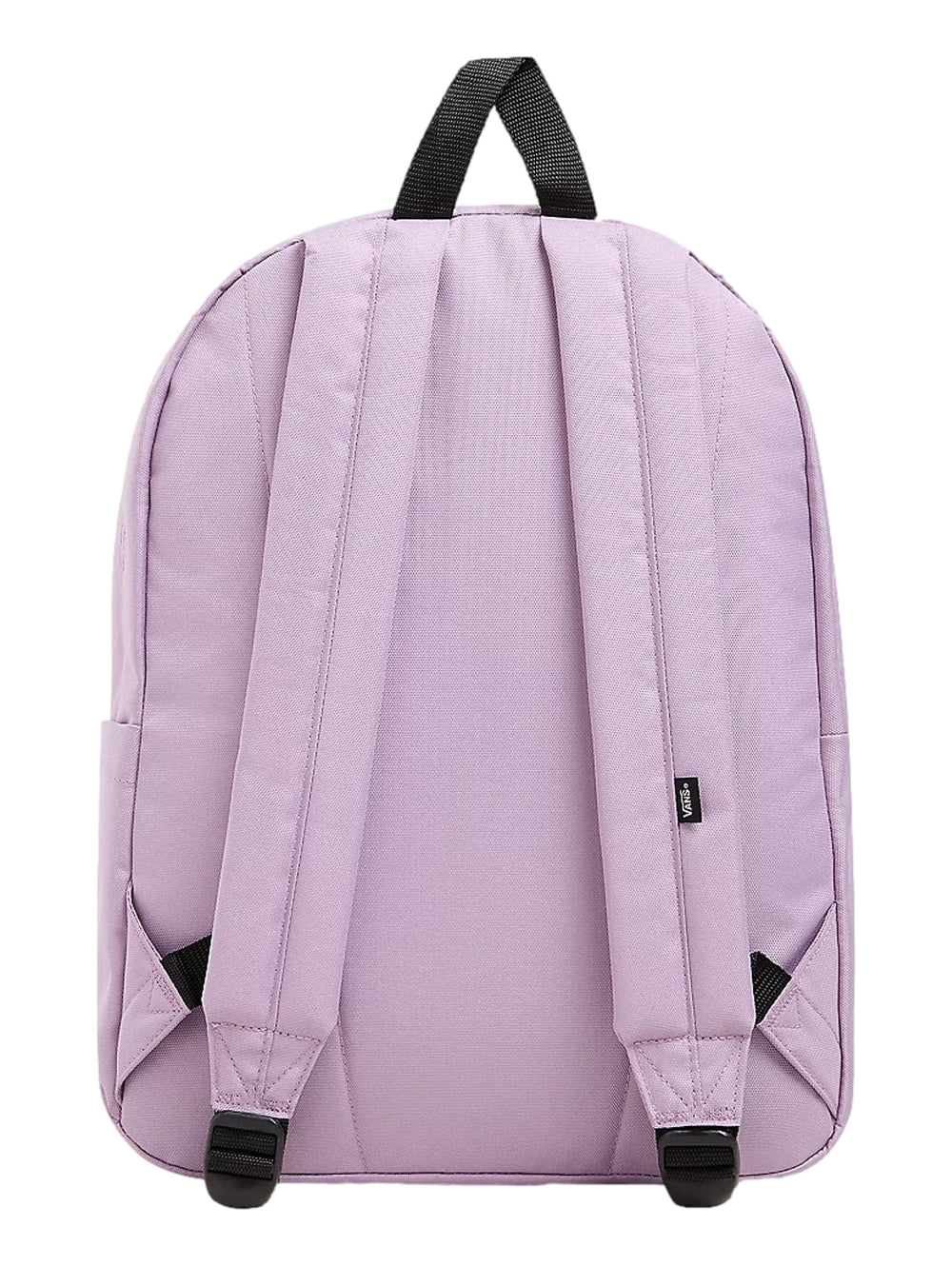 Mochila escolar VANS Old Skool Classic color Lavender Mist con bolsillo frontal y asa superior negra.