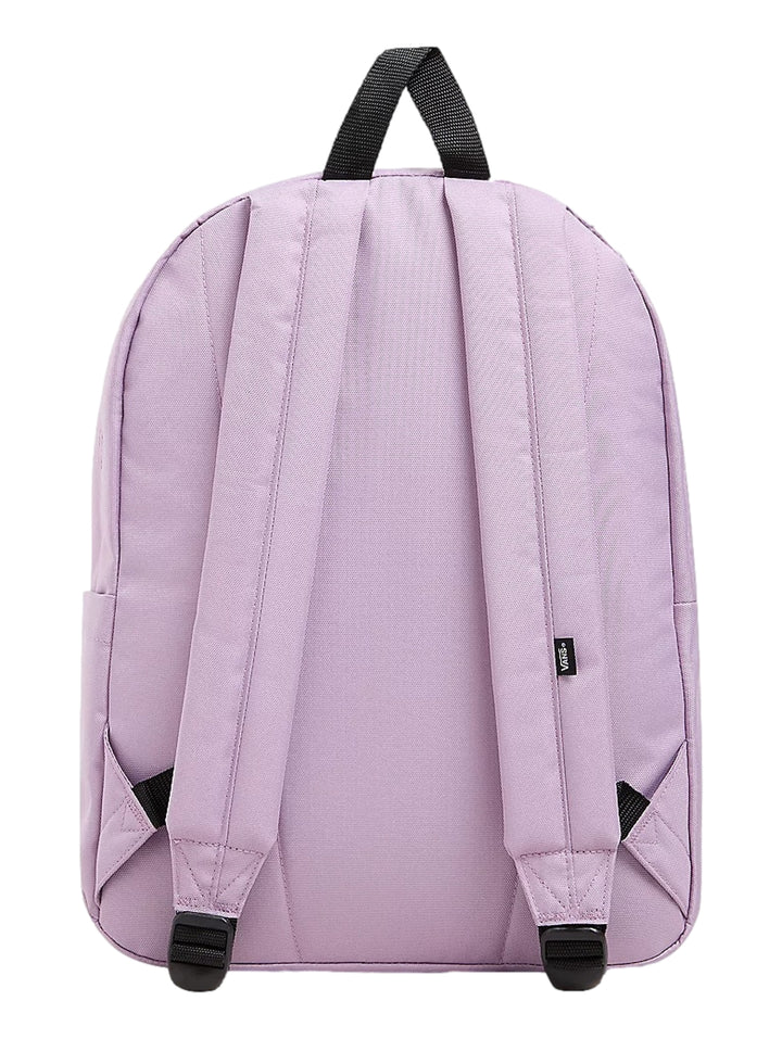 Mochila escolar VANS Old Skool Classic color Lavender Mist con bolsillo frontal y asa superior negra.