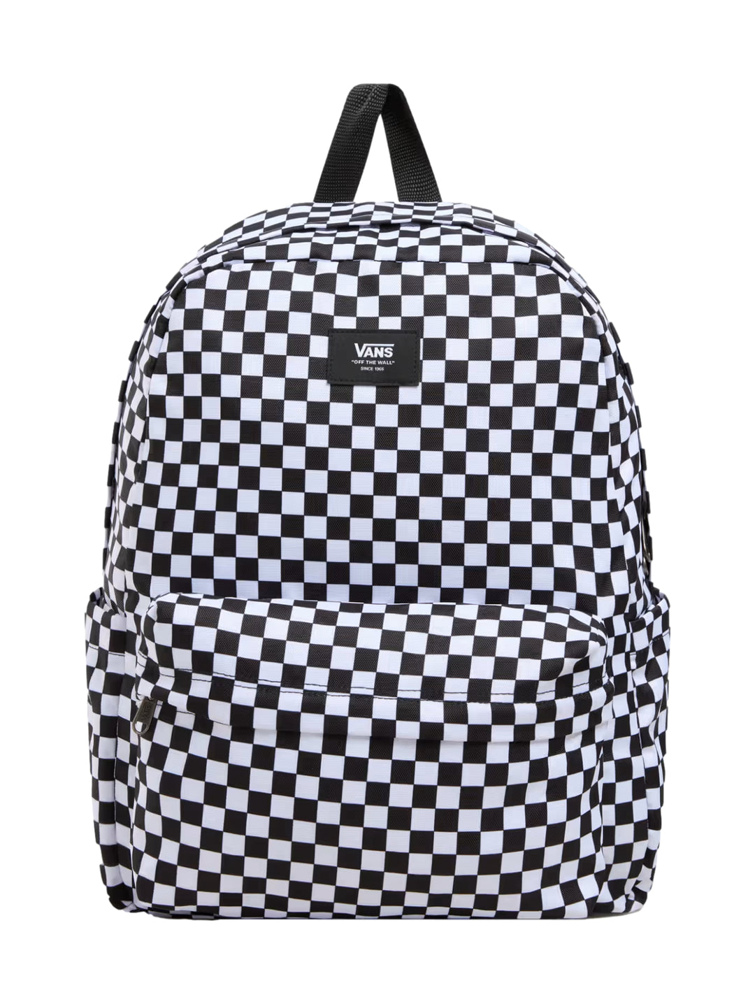 Mochila Vans con estampado de cuadros blanco y negro, bolsillo frontal y asa superior.