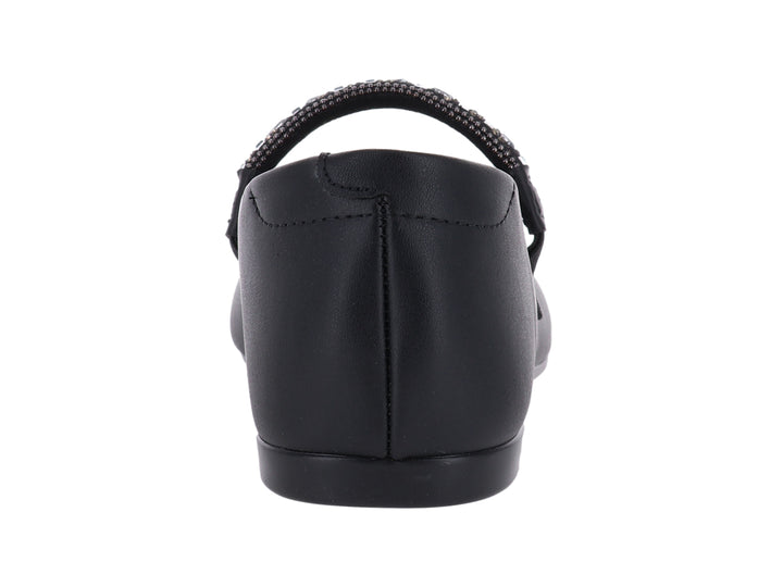Zapato plano negro para mujer con correa decorada con brillantes plateados.