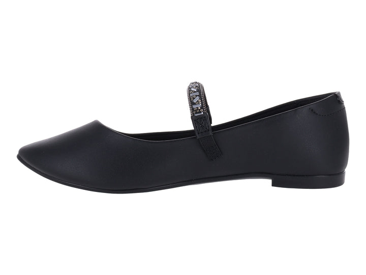Zapato plano negro para mujer con correa decorada con brillantes plateados.