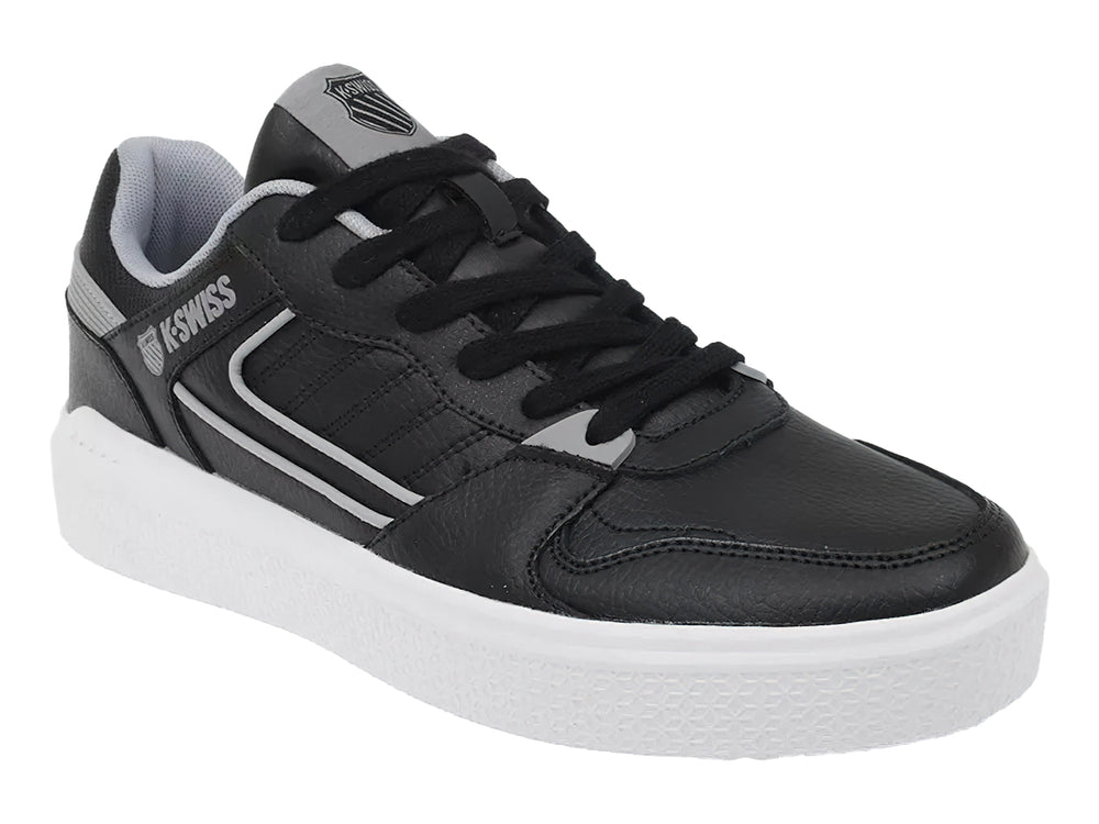 Tenis K-SWISS color negro con detalles en gris y suela blanca.