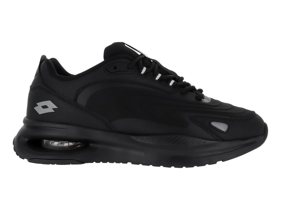 Tenis deportivos Lotto color negro monocromo con suela amortiguada y detalles en gris.