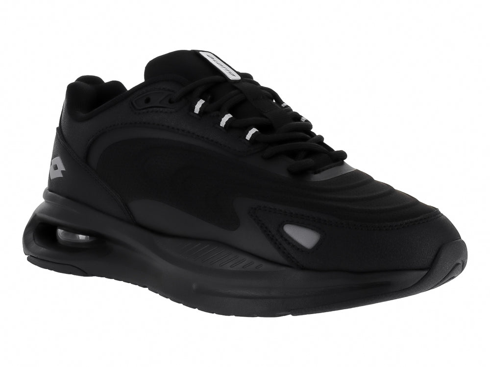 Tenis deportivos Lotto color negro monocromo con suela amortiguada y detalles en gris.