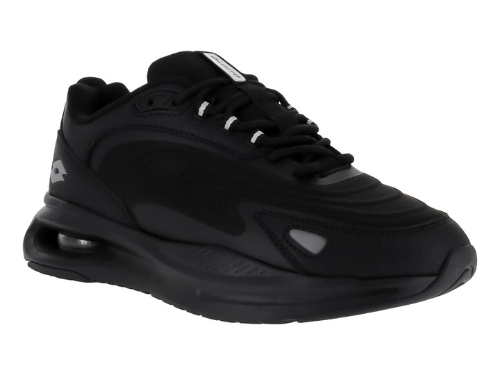 Tenis deportivos Lotto color negro monocromo con suela amortiguada y detalles en gris.