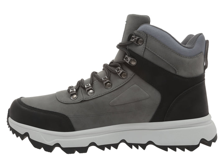 Bota K-Swiss color gris y negro con suela blanca y cordones.