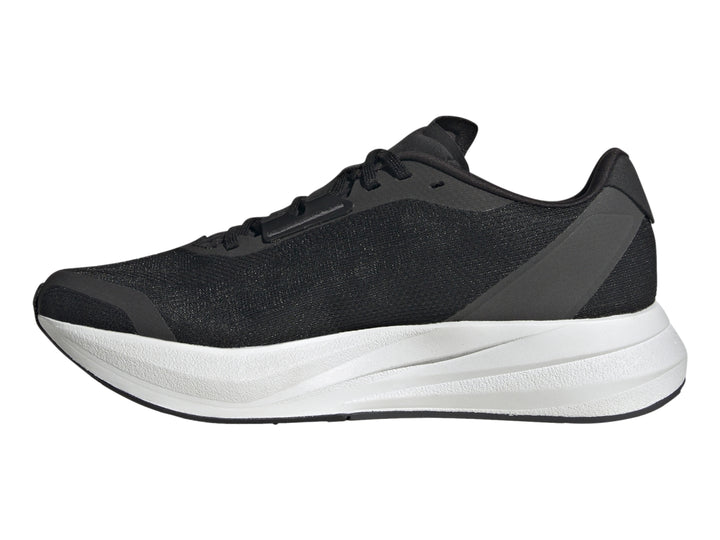Tenis deportivos Adidas Duramo Speed en color negro con suela blanca y franjas plateadas laterales.