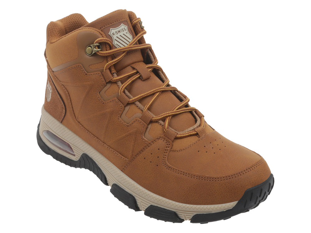 Bota K-SWISS color camel con suela negra y beige, diseño casual de caña media con amortiguación en el talón.