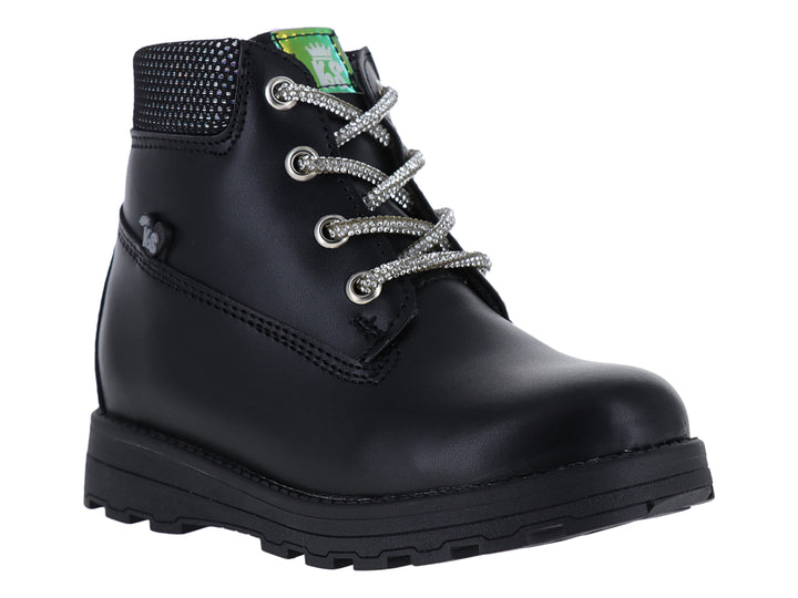 Botas negras Kassandra modelo Nairobi para niña con agujetas brillantes y suela dentada.