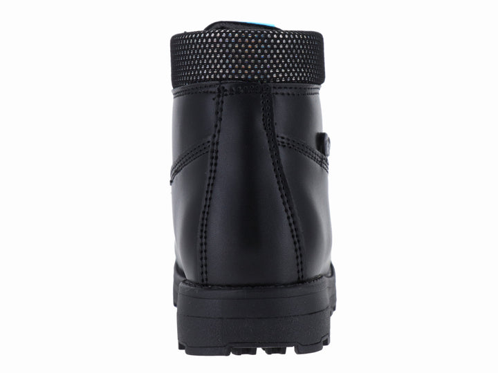 Botas negras Kassandra modelo Nairobi para niña con agujetas brillantes y suela dentada.