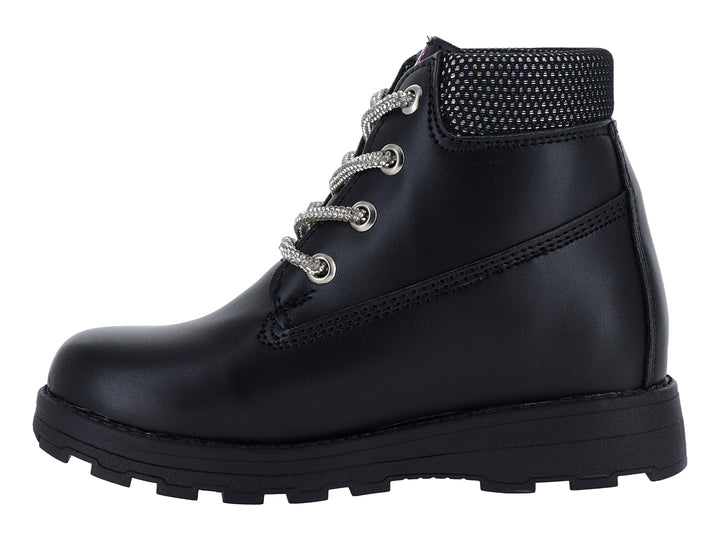 Botas negras Kassandra modelo Nairobi para niña con agujetas brillantes y suela dentada.