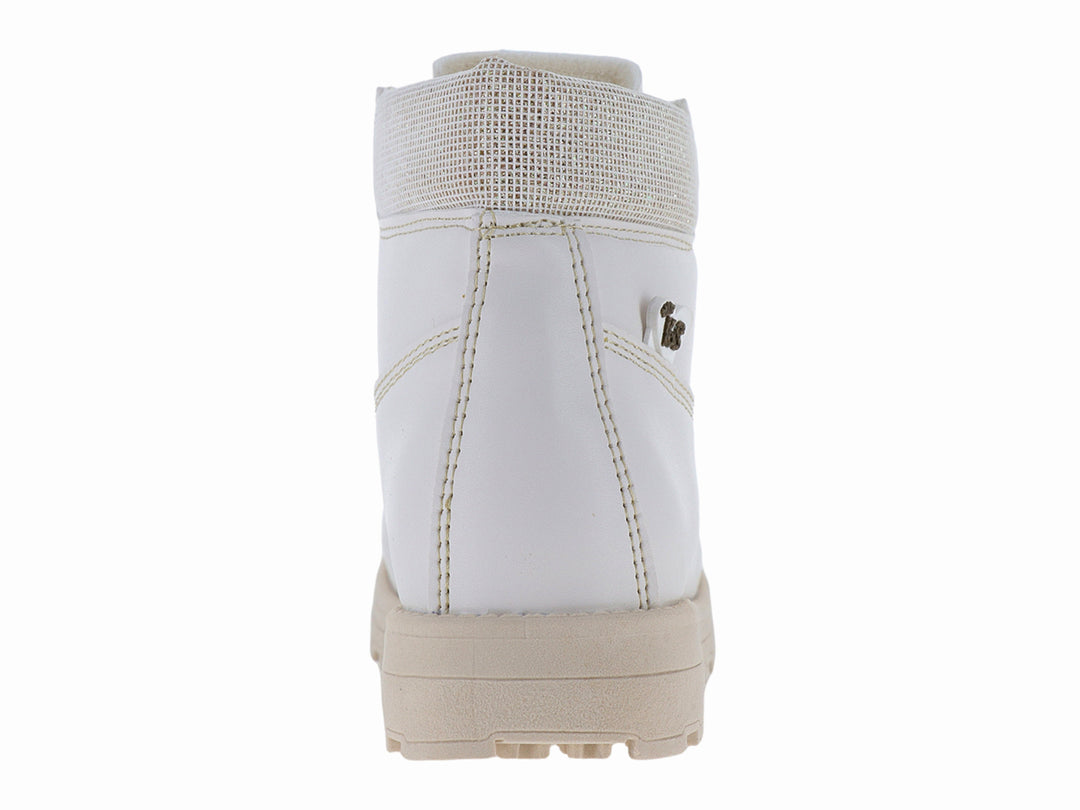 Botas blancas Kassandra para niña con detalles en beige, agujetas plateadas y suela track.