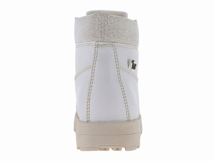 Botas blancas Kassandra para niña con detalles en beige, agujetas plateadas y suela track.