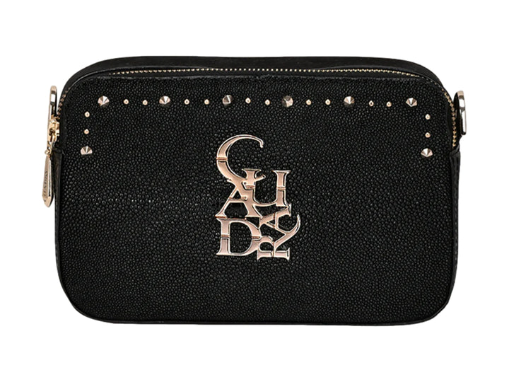 Bolso pequeño de piel de mantarraya color negro con detalles dorados y logotipo frontal de la marca Cuadra.