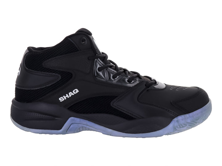 Tenis de baloncesto SHAQ de corte alto en color negro con suela translúcida.