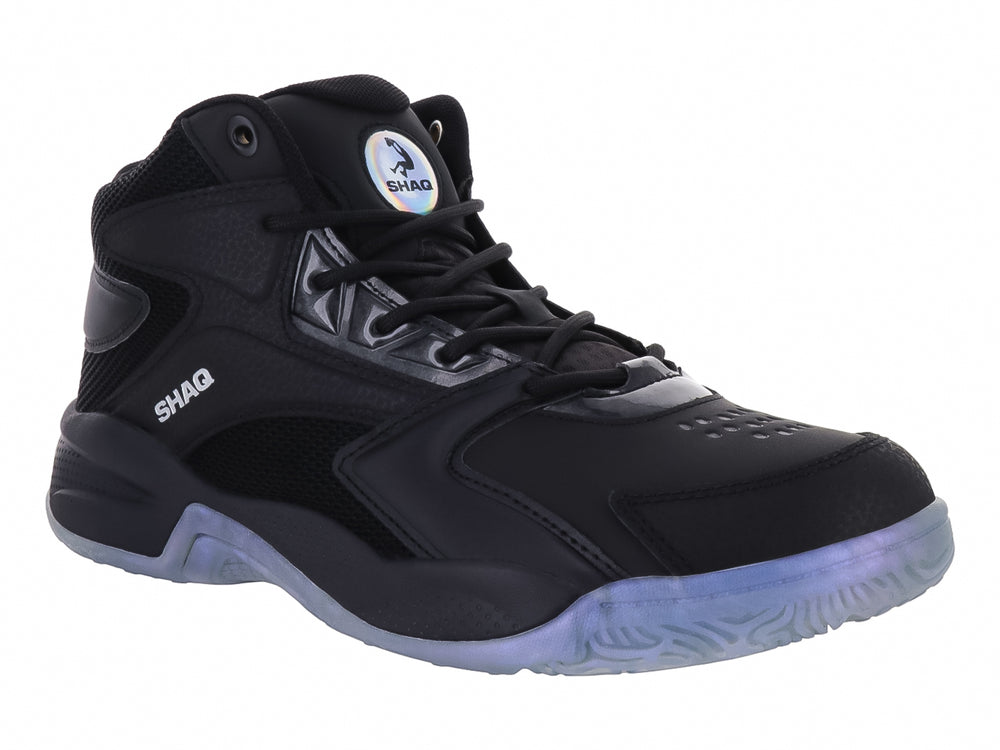 Tenis de baloncesto SHAQ de corte alto en color negro con suela translúcida.