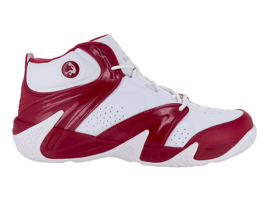 Tenis de baloncesto SHAQ en colores blanco y rojo con diseño de bota alta y acabado brillante.